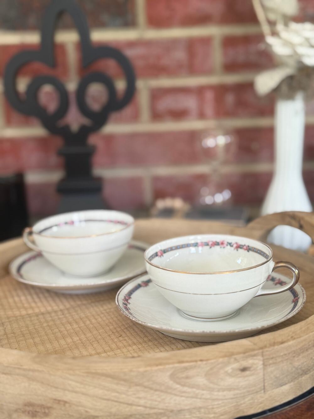 Set of 2 Antique C Ahrenfeldt Limoges AHR6 Pink Rose Teacups Saucers France
